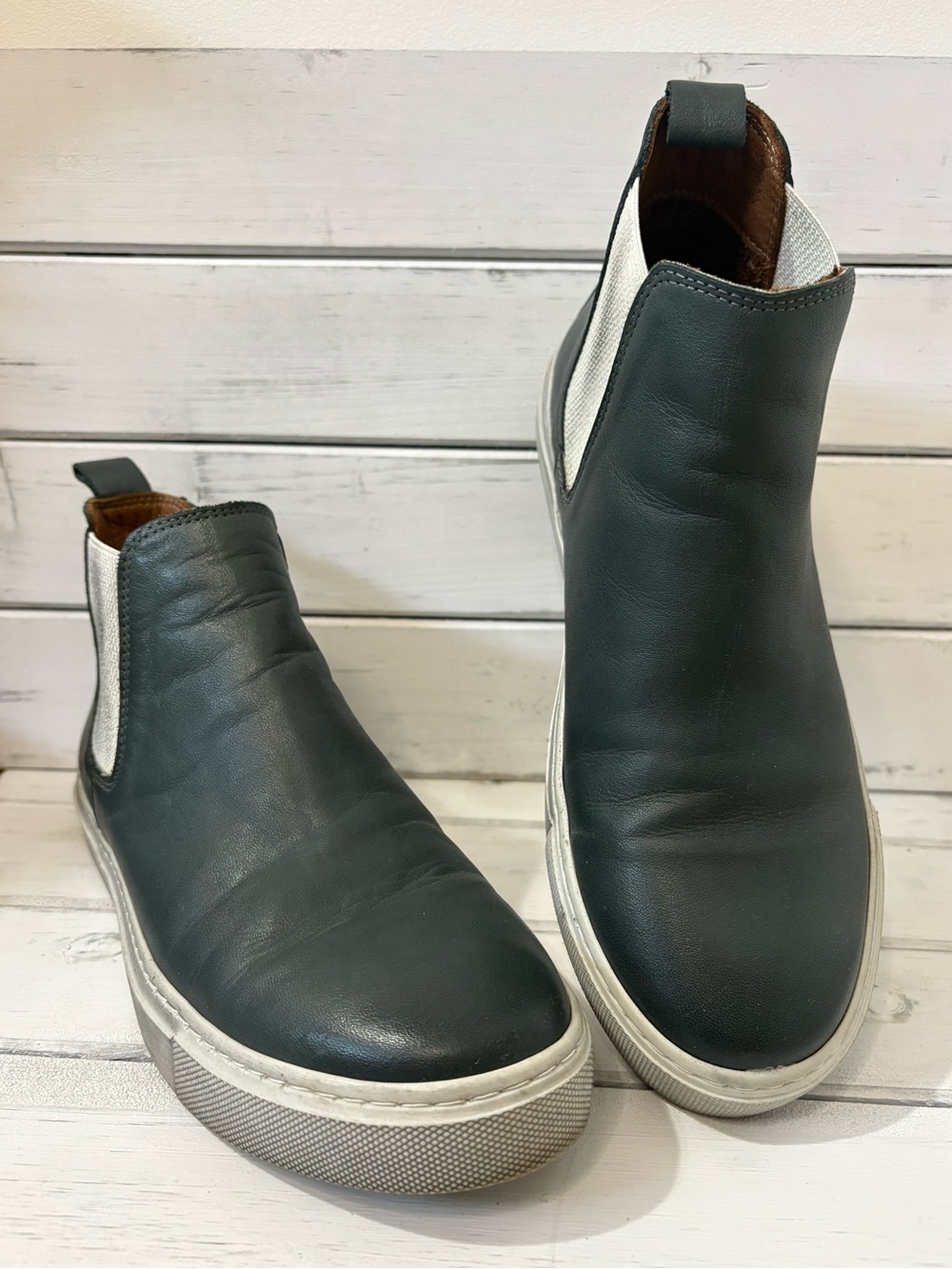 Bueno steel Blue Leather Slip-On Ankle Booties with White Panels